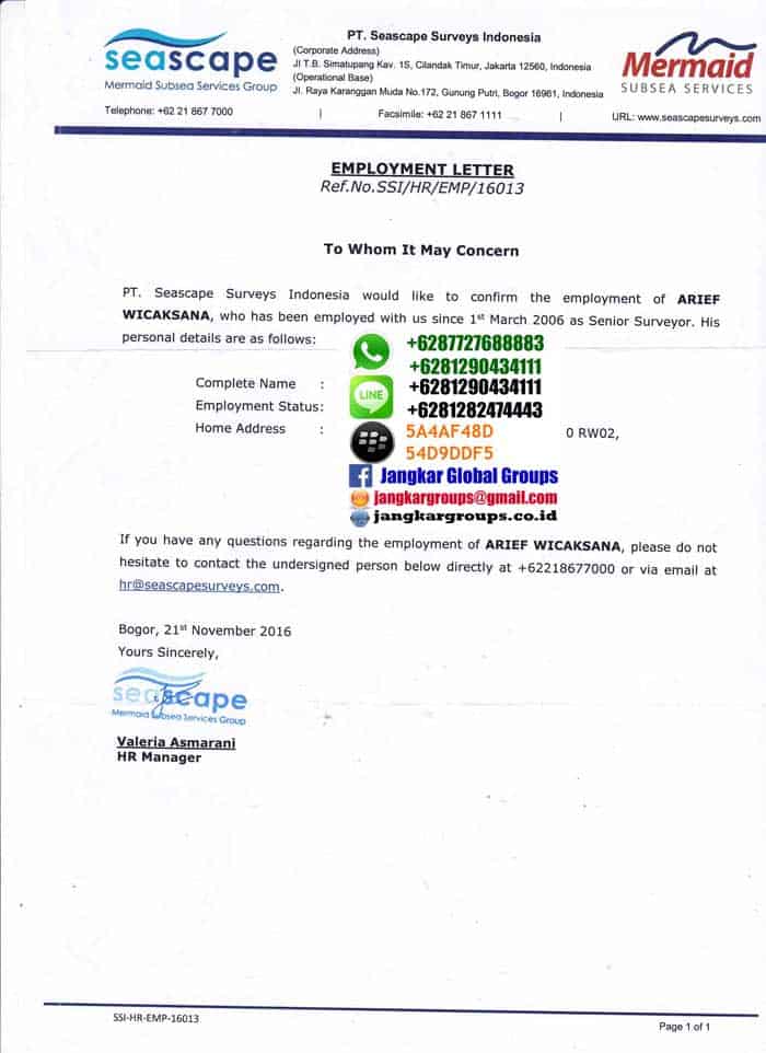 Surat Keterangan Bekerja Seascape Jangkar Global Groups