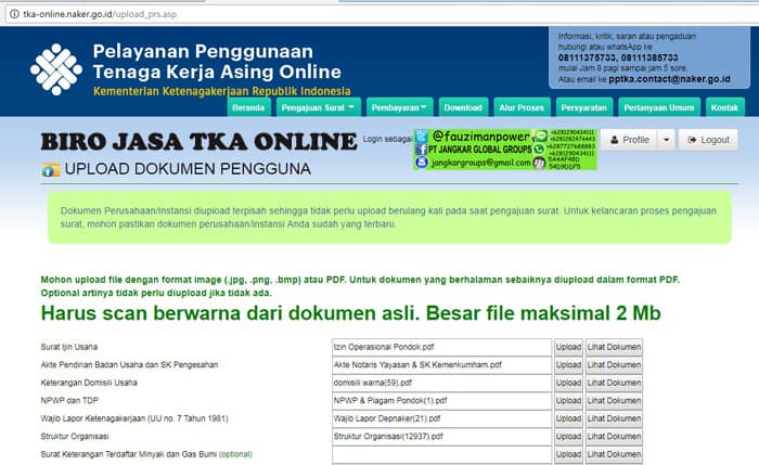 upload dokumen pengguna TKA online
