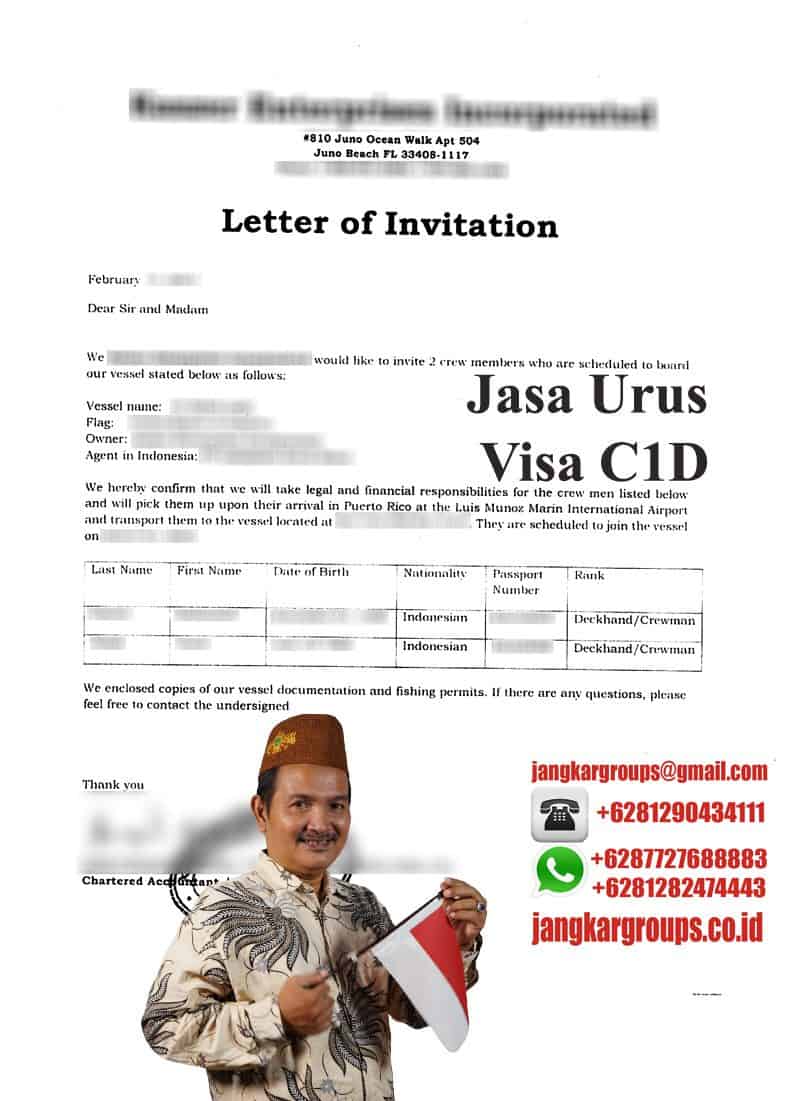 Contoh Letter of Invitation Visa C1D USA