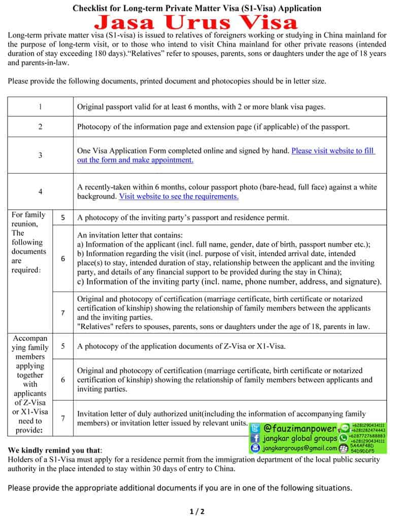 Contoh Checklist Visa China Kategori S1